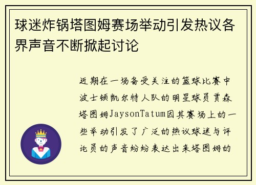 球迷炸锅塔图姆赛场举动引发热议各界声音不断掀起讨论