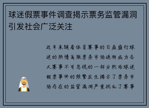 球迷假票事件调查揭示票务监管漏洞引发社会广泛关注 球迷假票事件调查揭示票务监管漏洞引发社会广泛关注